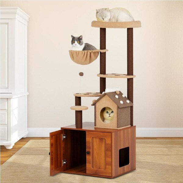 Advwin 153cm Cat Tree with Litter Box All-in-one Wooden Cat Tower