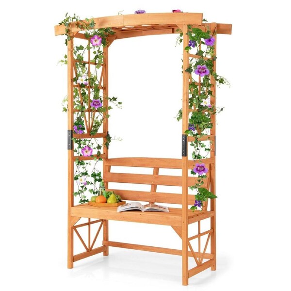 Costway Patio Garden Arch Archway 2-Seat Outdoor Wooden Bench w/Pergola & 2 Trellises Wedding Party Decor
