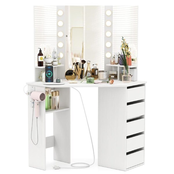 Costway Corner Vanity Desk w/Lighted Mirror Power Outlets & 5 Drawers Makeup Vanity Table Dressing Table