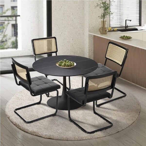 Oikiture 90cm Round Dining Table with 4PCS Dining Chairs PU Leather Black