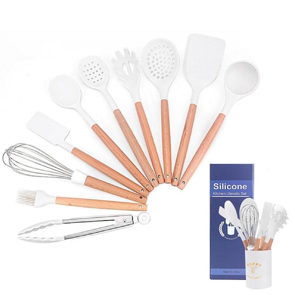 Catzon 10PCS Kitchen Cooking Utensils Set Non-Stick Wooden Silicone Spatula Set with Holder-White