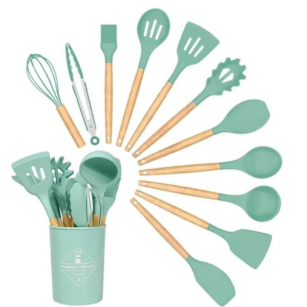 Catzon Silicone Kitchen Utensils Set 11 Pcs Cooking Utensils Set Non Toxic Spatula Set with Holder-Dark Green