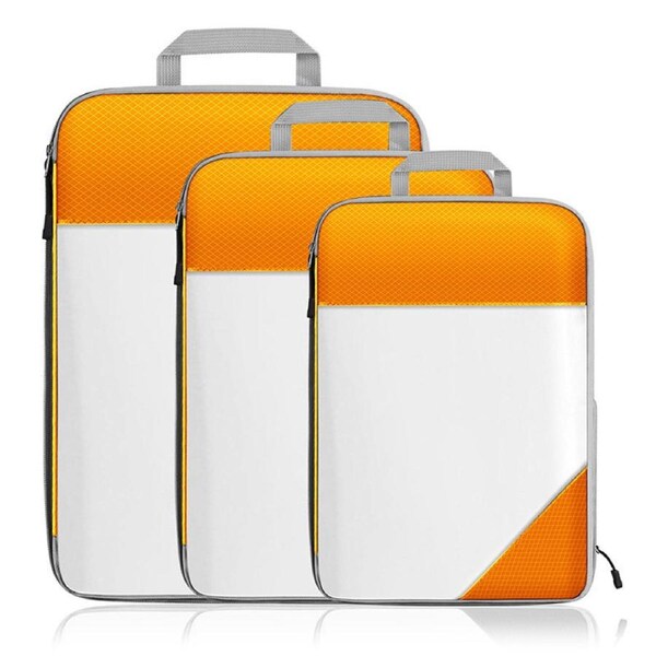 Catzon 3-Piece Set Compression Packing Cubes Extensible Lightweight Storage Mesh Bags-Orange