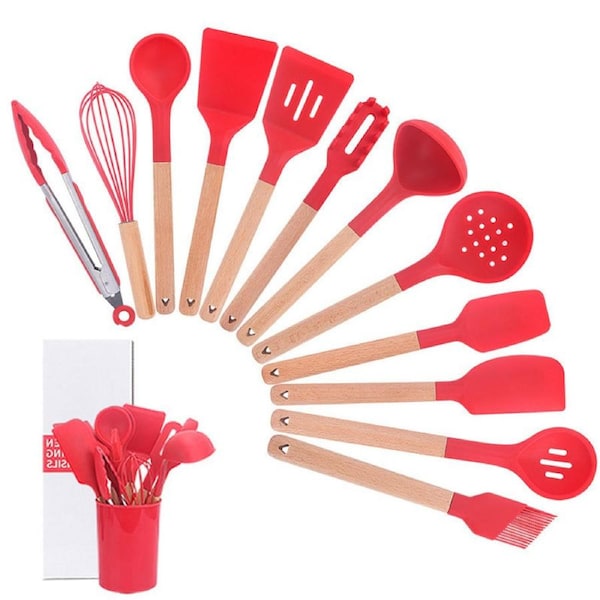 Catzon 12Pcs Non-Stick Silicone Cooking Utensils Spatula Set with Holder Wood Handle Kitchen Utensils Set-Red