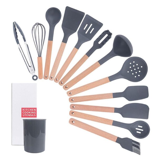 Catzon 12Pcs Non-Stick Silicone Cooking Utensils Spatula Set with Holder Wood Handle Kitchen Utensils Set-Gray