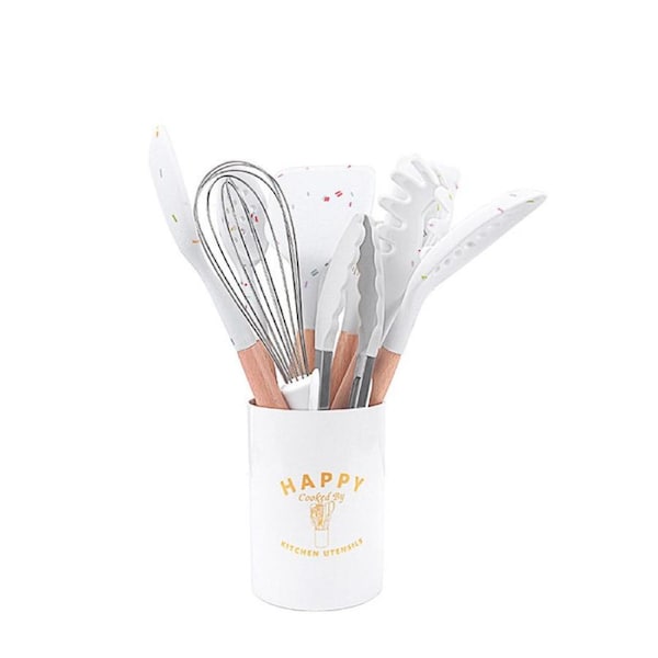 Catzon 10PCS Kitchen Cooking Utensils Set Non-Stick Wooden Silicone Spatula Set with Holder-Color