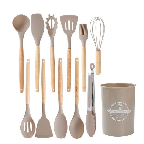 Catzon Silicone Kitchen Utensils Set 11 Pcs Cooking Utensils Set Non Toxic Spatula Set with Holder-Khaki