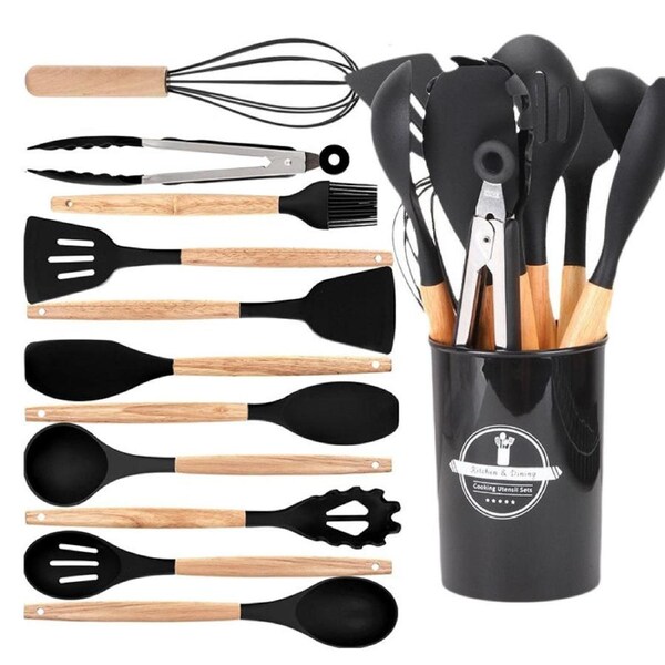 Catzon Silicone Kitchen Utensils Set 11 Pcs Cooking Utensils Set Non Toxic Spatula Set with Holder-Black