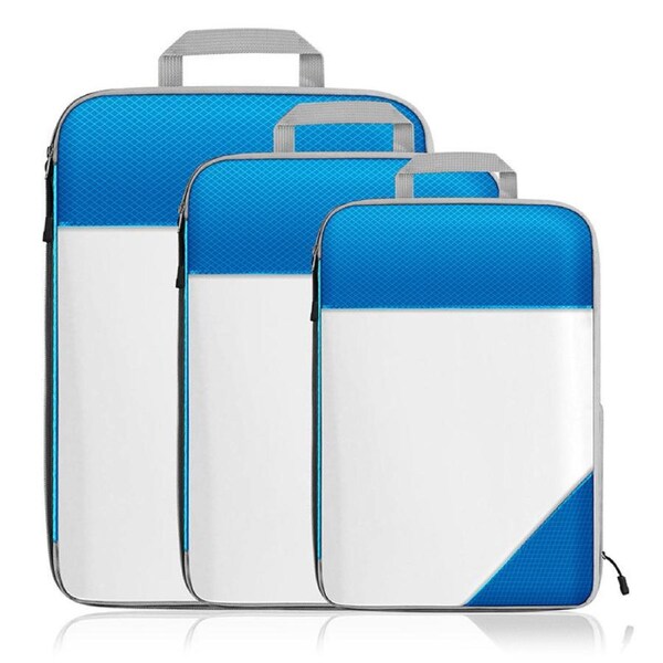 Catzon 3-Piece Set Compression Packing Cubes Extensible Lightweight Storage Mesh Bags-SkyBlue