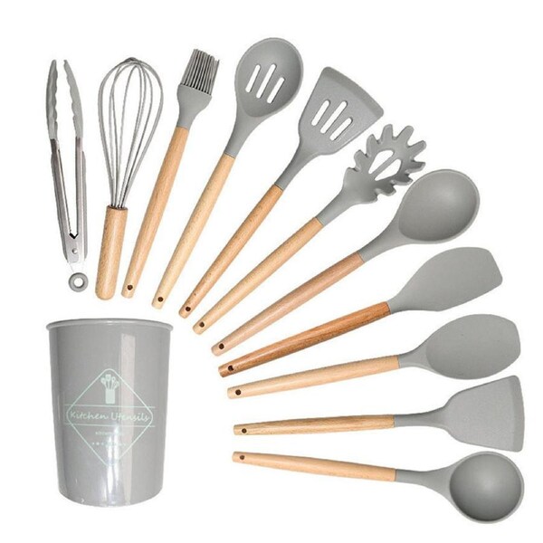 Catzon Silicone Kitchen Utensils Set 11 Pcs Cooking Utensils Set Non Toxic Spatula Set with Holder-Light Gray