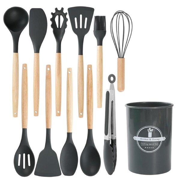 Catzon Silicone Kitchen Utensils Set 11 Pcs Cooking Utensils Set Non Toxic Spatula Set with Holder-Dark Gray