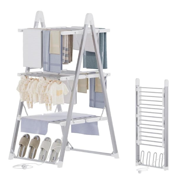 Advwin 3-Tier Foldable Electric Heated Towel Rail Heated Clothes Drying Rack with 30 Heating Bars 4 Heated Shoe Racks Energy-Efficient Fast Heating