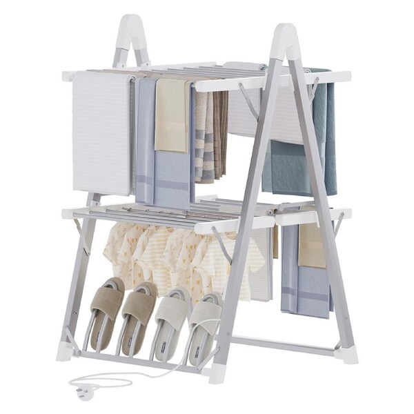 Advwin 2-Tier Foldable Electric Heated Towel Rail Heated Clothes Drying Rack with 20 Heating Bars 4 Heated Shoe Racks Energy-Efficient Fast Heating