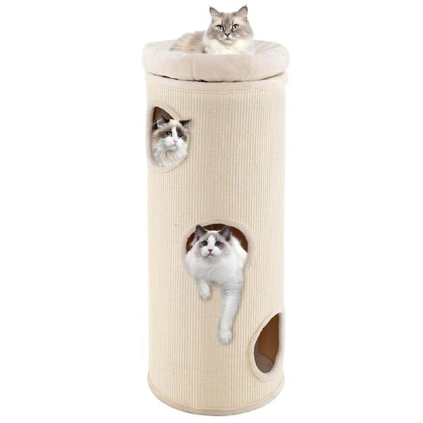 Costway 112cm 4-Story Cat Condo House Elevated Cave Bed w/Sisal Scratching Board & Bamboo Mat Cat Tree Tower