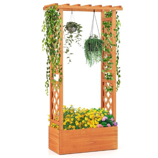 Costway Raised Garden Bed w/Trellis & Hanging Roof Indoor Outdoor Wood Planter Box Container