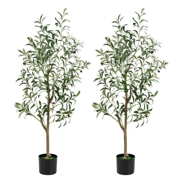 Costway 130CM Artificial Olive Tree Set of 2 Fake Potted Plant Trees w/Realistic Fruits Greenery Decor