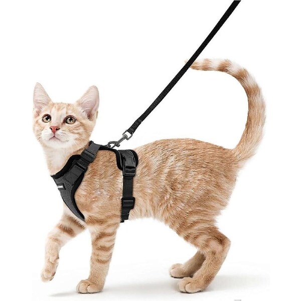 Cat Harness and Lead Set, Escape Proof Kitten Harness with Cat Leash Metal Ring, Lightweight Soft, Reflective Adjustable Vest Harnesses S, Black