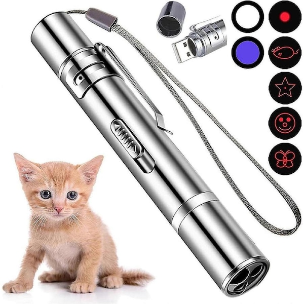 USB RECHARGEABLE SUPER LASER POINTER PEN 7 in 1 Cat Pet Toy Red UV FLASHLIGHT