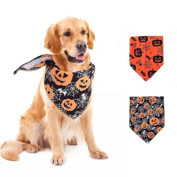 Halloween Dog Bandanas 2 Pack, Pumpkin and Spider Web Bibs, Triangle Reversible Pet Scarf
