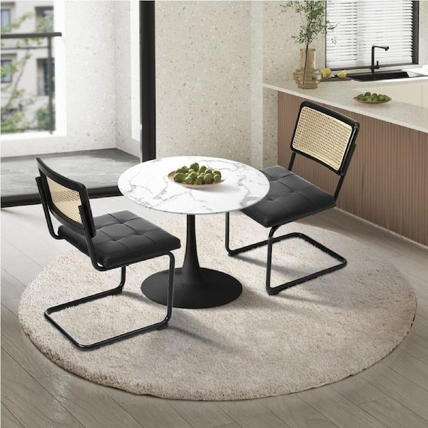 Oikiture 60cm Round Dining Table with 2PCS Dining Chairs PU Leather Black