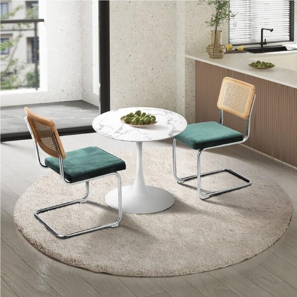 Oikiture 60cm Round Dining Table with 2PCS Dining Chairs Velvet White&Green