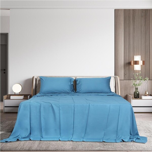 Dreamz Bamboo Sheet Set Fitted Pillowcase King Size Blue 4Pcs Set