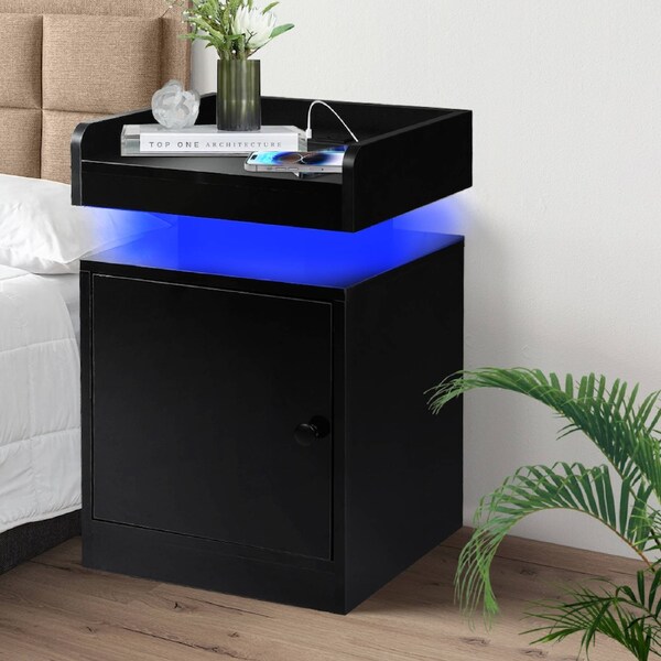 Levede LED Bedside Table with Charging Station - Black