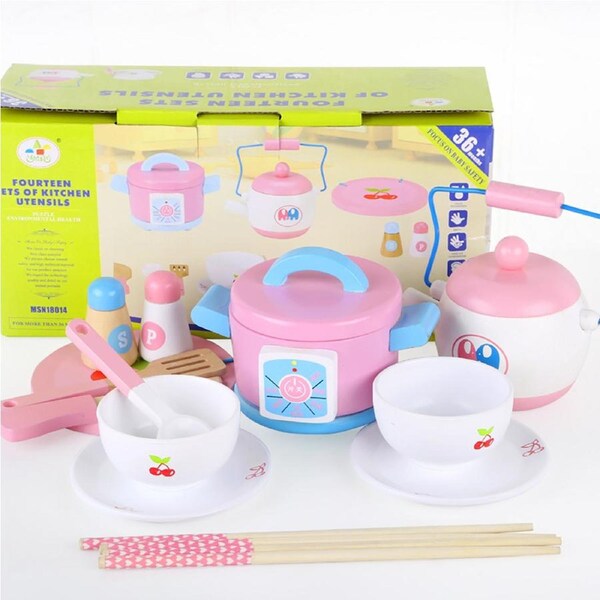 14 Pcs Kids Wooden Kitchen Cooking Play Tea Set Pretend Play Kids Childrens Toy