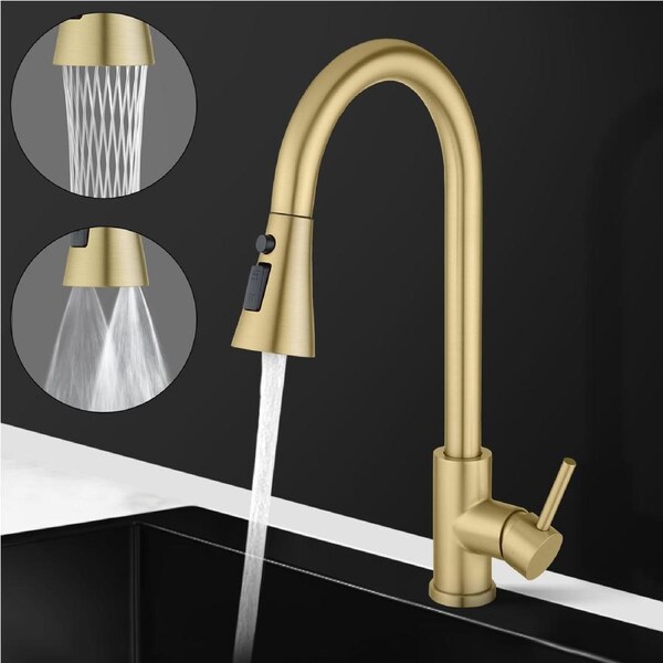 ACA Pull Out Kitchen Mixer Tap 3 Modes Swivel Laundry Sink Faucet Brushed Yellow Gold