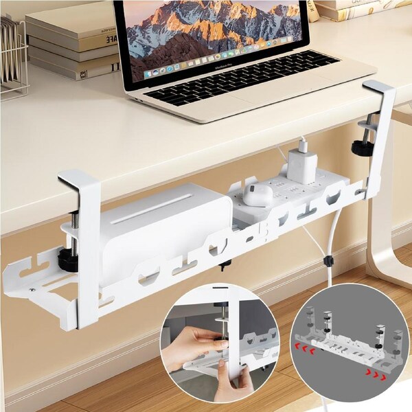 ACA 45-72cm Adjustable Cable Management Organizer Under Desk Cord Basket Tray Shelf Extendable White