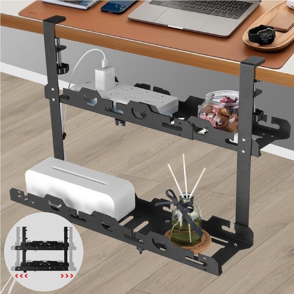 ACA 45-72cm Double Tier Cable Management Organizer Under Desk Cord Basket Tray Shelf Extendable Black