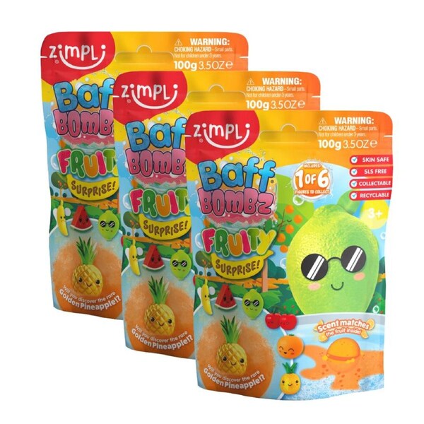 3PK Zimpli Kids Baff Bombz Fruity Surprise Children Fizzy Coloured Bath Bombs