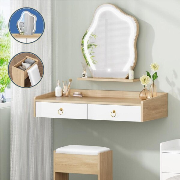 ALFORDSON Dressing Table Stool Set Floating Makeup Mirror LED Vanity Desk Oak