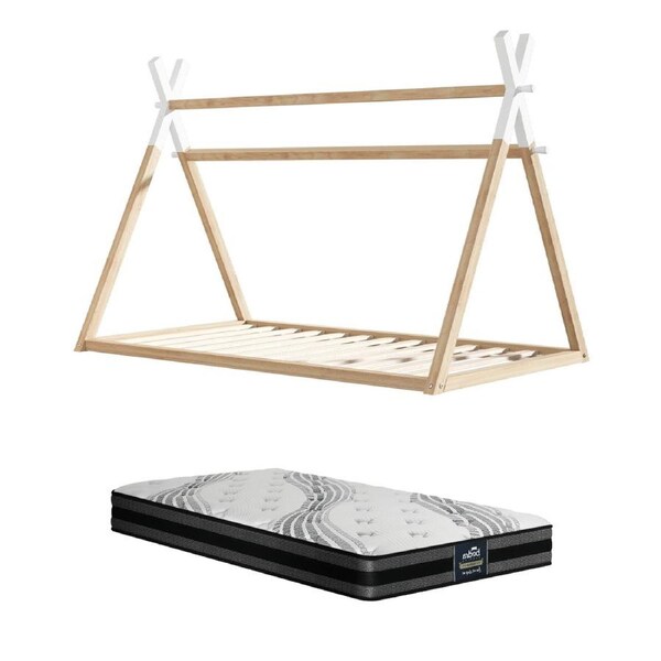 Oikiture King Single Kids Bed Frame Mattress Set Wooden Timber Teepee House Beds