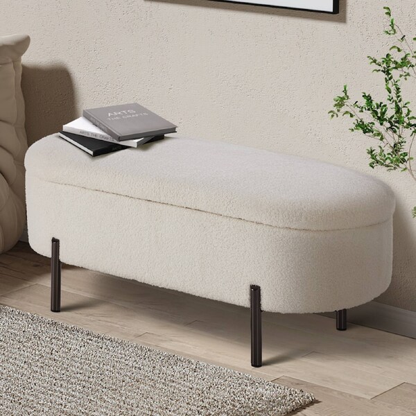Oikiture Storage Ottoman Bench Oval Footstool Blanket Box Chest Toy Sherpa White