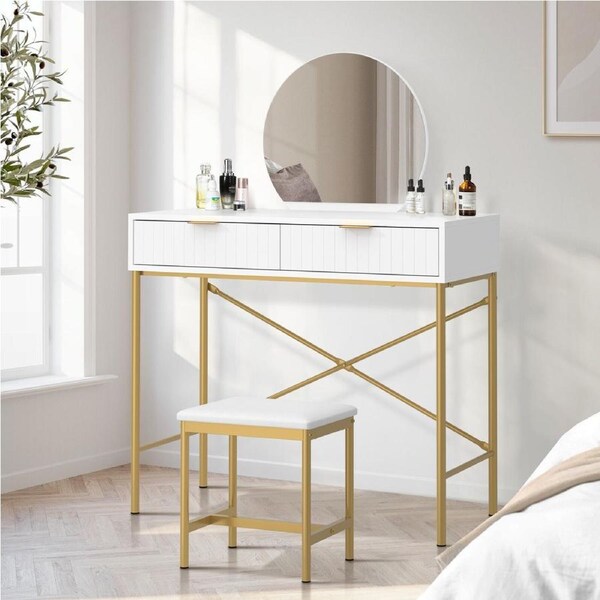 Oikiture Dressing Table Stool Set with Mirror Vanity Makeup Desk 2 Drawers