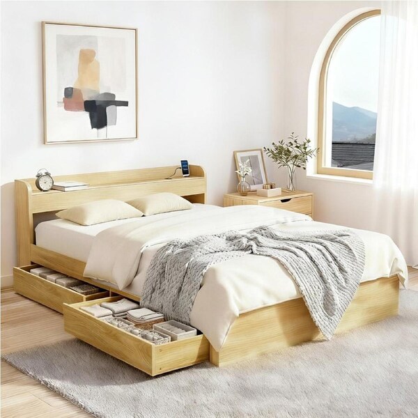 Artiss Wooden Bed Frame Double Size with Charging Ports and 2 Drawers Platform Bed Base Guest Bed for Bedroom Furniture
