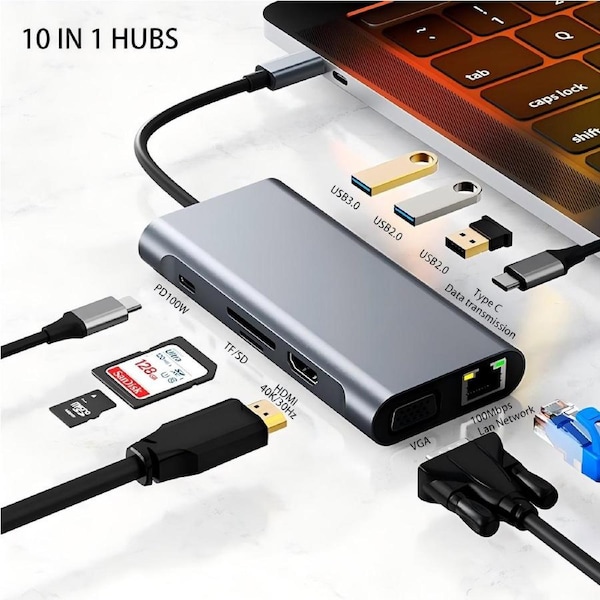 USB C HUB, USB C Adapter 10 in 1 Dongle with 4K HDMI, VGA, Type C PD, USB3.0/2.0, RJ45 Ethernet, SD/TF Card Reader Docking Station