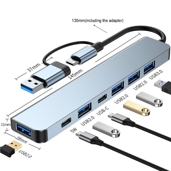 USB C Hub, Aluminum 7 in 1 USB Extender, USB Splitter with 1 x USB 3.0, 4 x USB 2.0 and 2 x USB C Ports for MacBook Pro Air and Other PC/Laptop/Tablet