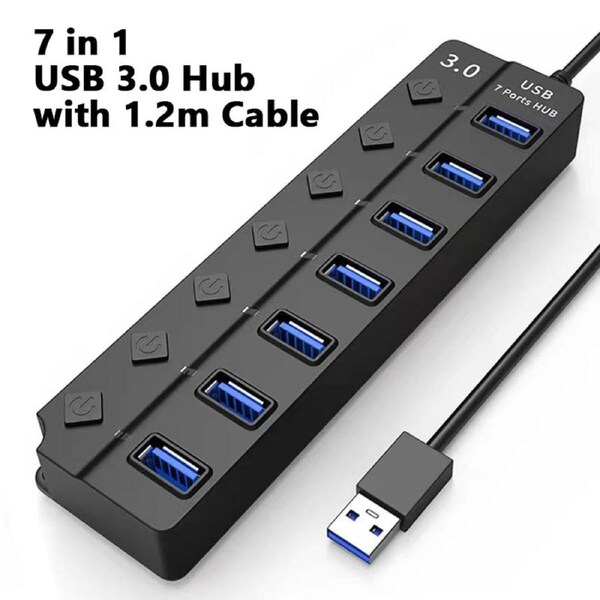 USB Hub 3.0 Splitter with Individual On/Off Switches and Lights 1.2m Cable USB Extension 7-Port USB Black