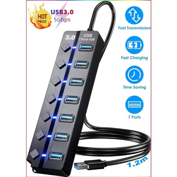 USB Hub 3.0 USB Hub Splitter 7-Port USB Extension with Individual On/Off Switches and Lights 4ft Long Cable USB 3.0 Hub Splitter