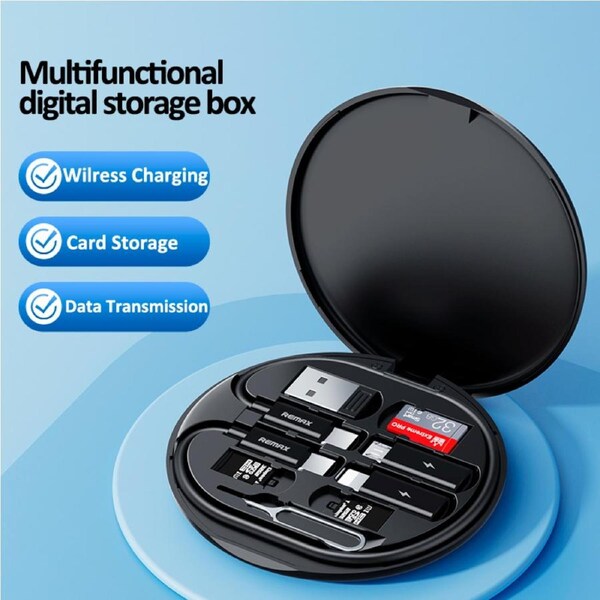 SEEDREAM remax 15W Wireless Charging and Portable Multifunctional Charging Cable USB-C Adapter Storage Box For Smart Phones RP-W80 White