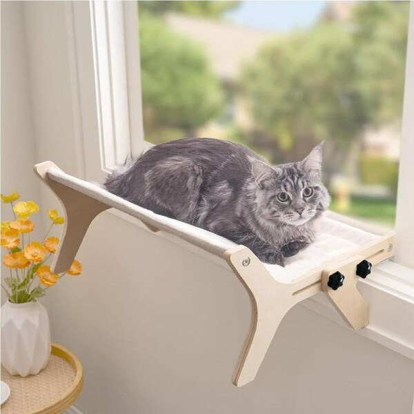 Cat Window Perch for Indoor, Adjustable Cat Hammock Seat - Easy to Adjust Use Year-Around with Premium Hardwood & Robust Metal Frame for Windowsill, Bedside, Drawer and Cabinet