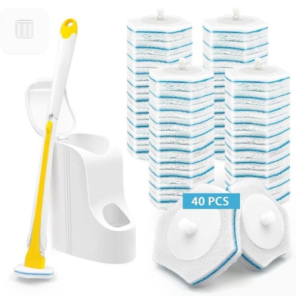 JEHONN Disposable Toilet Brush with 40PCS Wand Cleaner Refills, Wall Mounted Toilet Bowl Brush Holder Set, Bathroom Cleaning System for Sink Bathtub Wash Basin