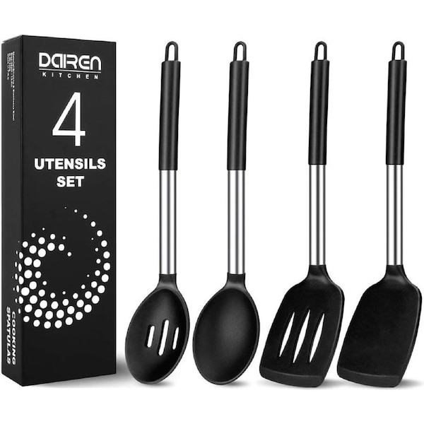 Pack of 4 Large Silicone Cooking Spatulas and Spoons, Slotted and Solid Stainless Steel Cooking Utensils Set, Non-stick Heat Resistant Kitchen for Baking, Fried, Stir-Fry, Mixing, Serving