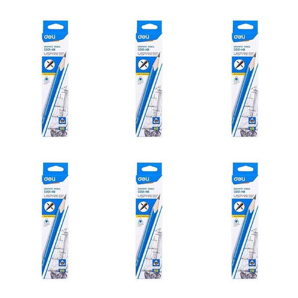 6x 12pc Deli 2B Triangular Graphite Pencil Super Bonded Lead with Eraser Tip