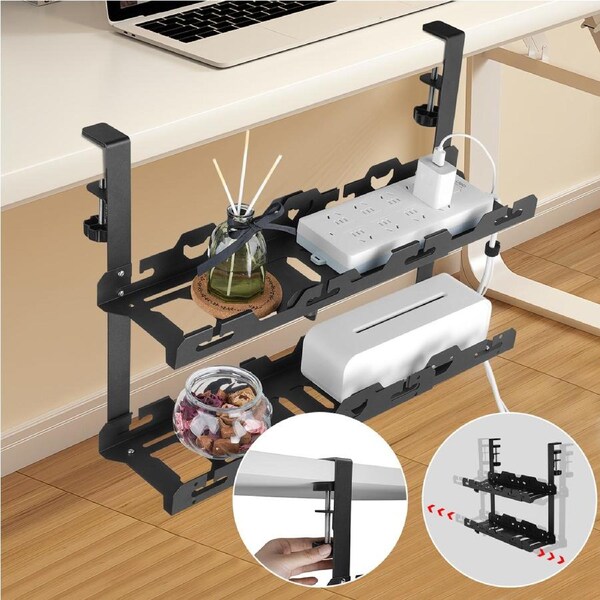45-72cm No Drill Under Desk Double Cable Management Tray Shelf Extendable for Home Office Wire Management