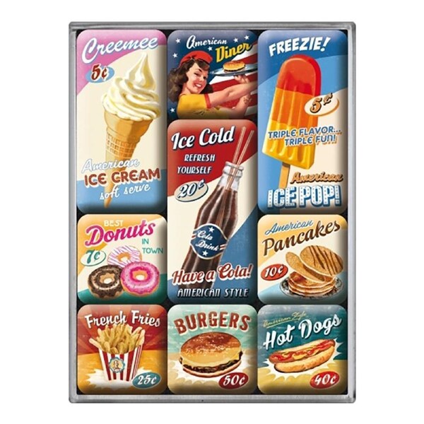 9pc Nostalgic Art Magnet Set Epoxy Resin Wall Home Decor w/ Box American Diner