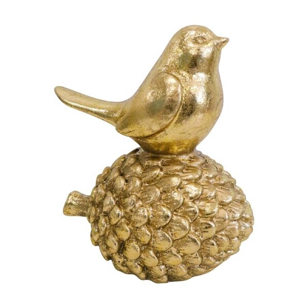 LVD Polyresin Sculpture Bird On Pine Cone Figurine Home Decor 12.9cm Gold
