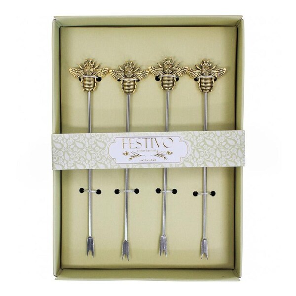 4pc Metal 14.5cm Cocktail Pick Drink Reusable Martini Stick Set Silver/Gold